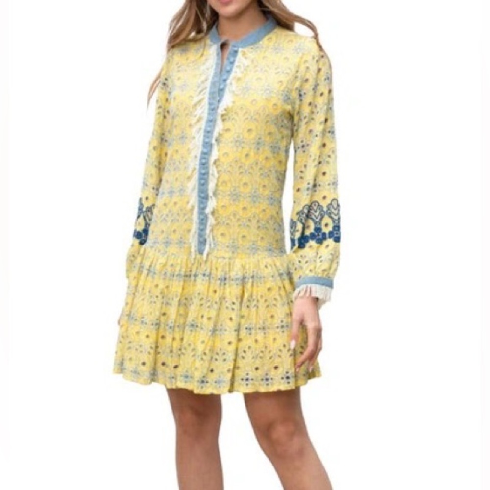 Barok Paris Yellow Blue Jean Denim Eyelet Embroidered Mini Dress XL